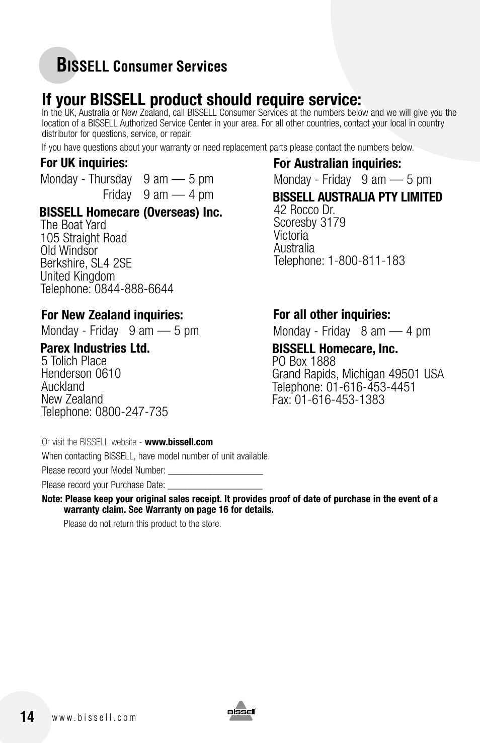 If your bissell product should require service | Bissell Spot Bot  88D6 series User Manual | Page 14 / 16