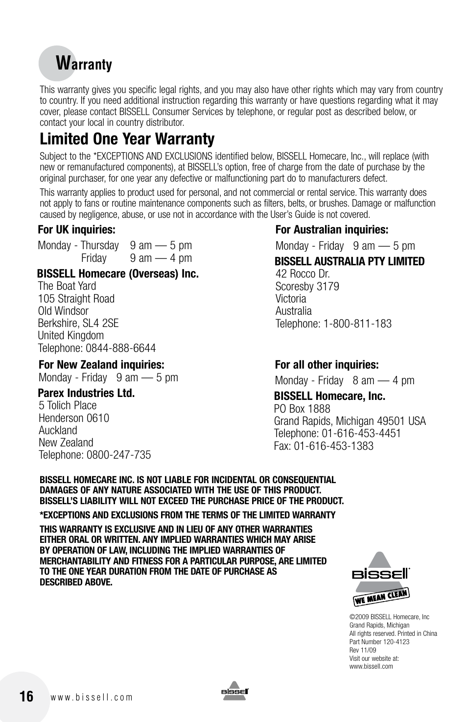 Limited one year warranty, Arranty | Bissell Spot Bot  88D6 series User Manual | Page 16 / 16
