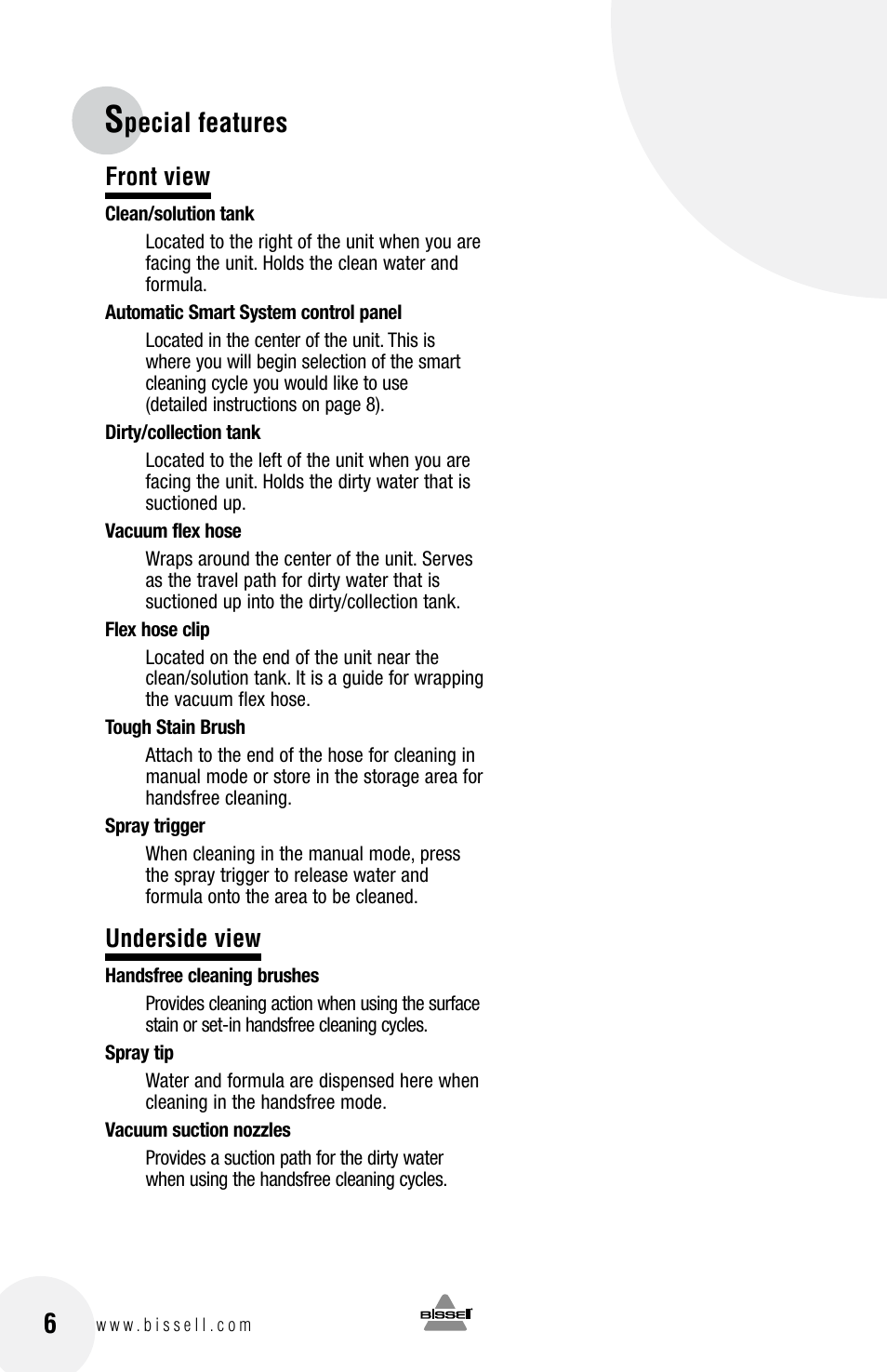 Pecial features 6, Front view, Underside view | Bissell Spot Bot  88D6 series User Manual | Page 6 / 16