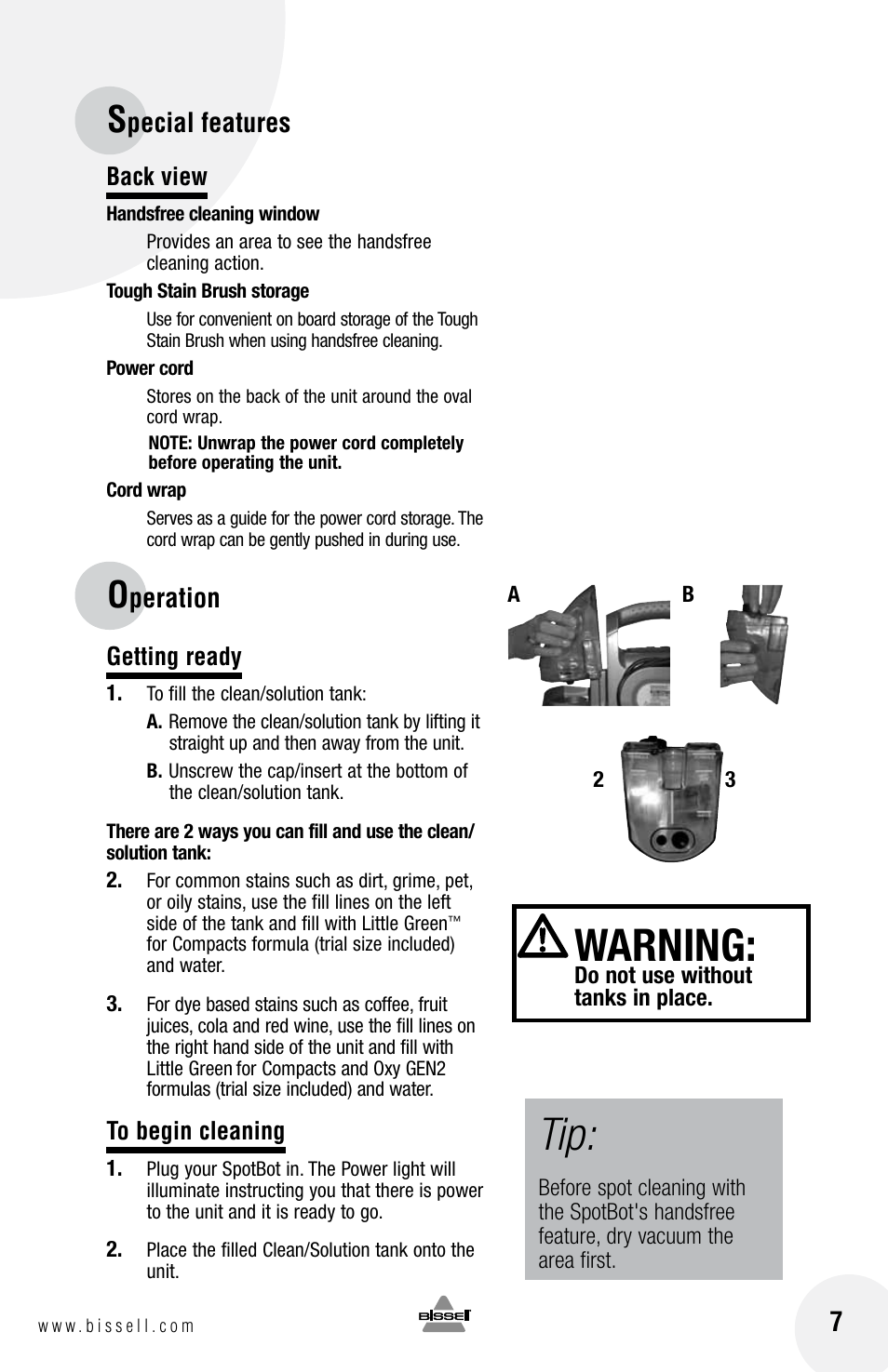 Warning, Pecial features, Peration 7 | Bissell Spot Bot  88D6 series User Manual | Page 7 / 16