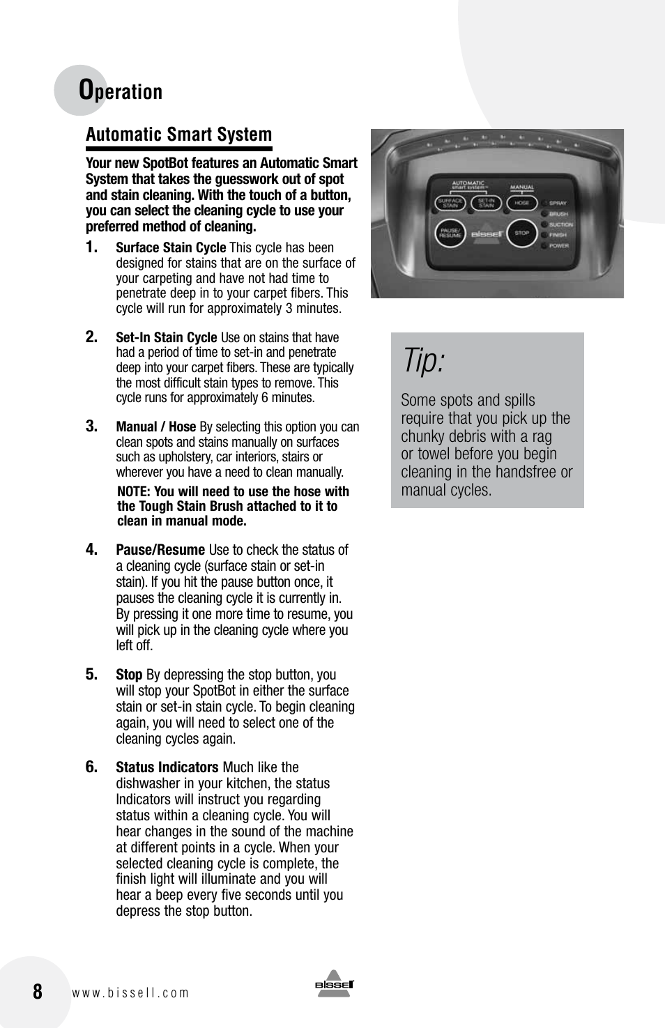 Peration, Automatic smart system | Bissell Spot Bot  88D6 series User Manual | Page 8 / 16