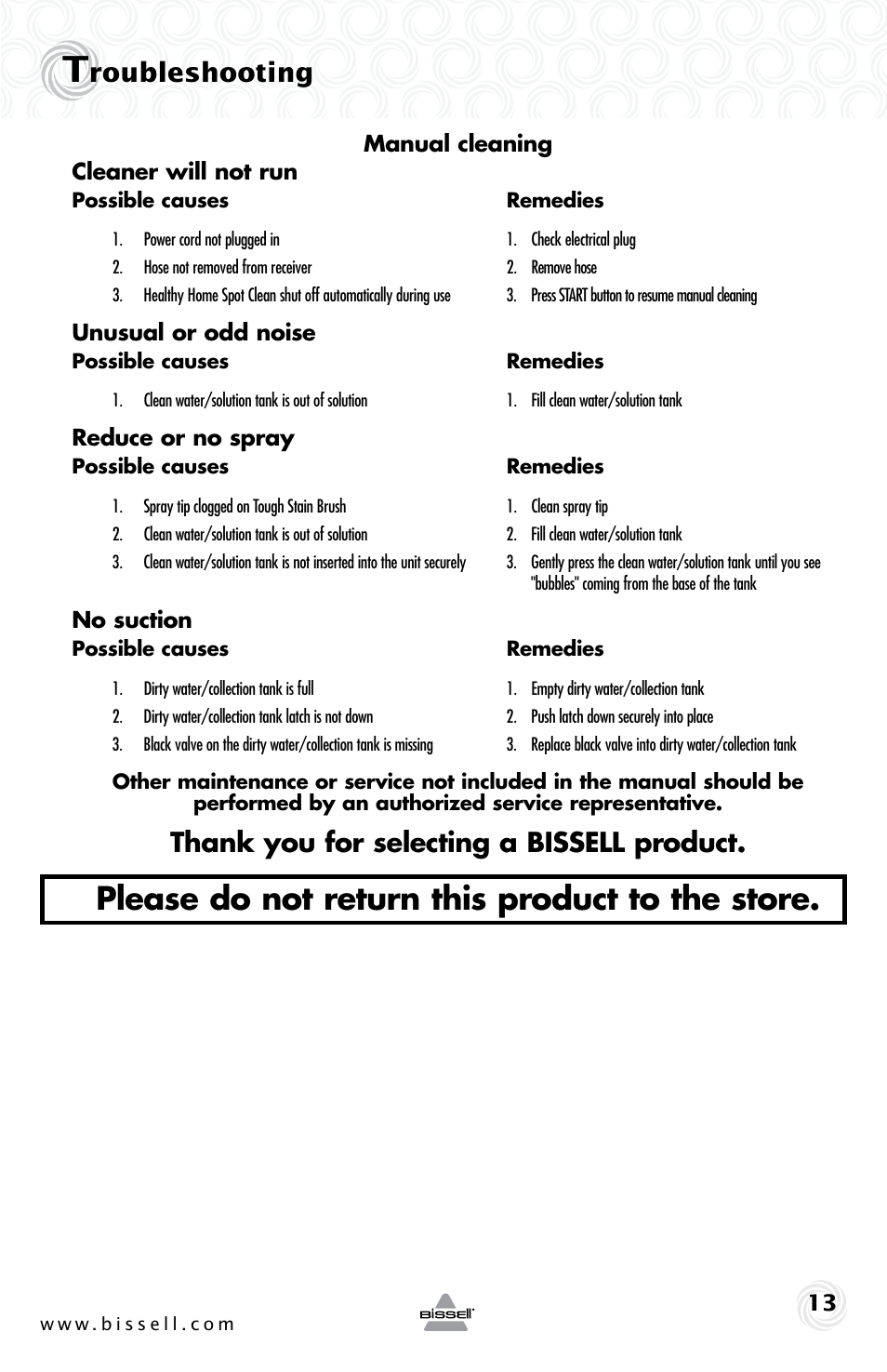 Please do not return this product to the store, Roubleshooting | Bissell 92T7 User Manual | Page 13 / 16
