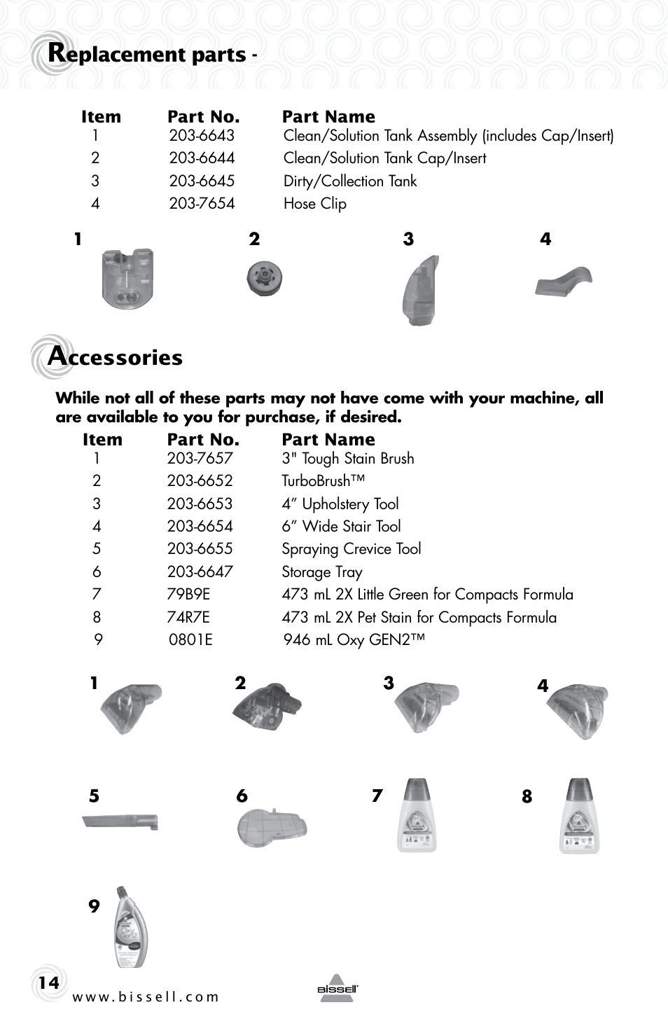 Eplacement parts, Ccessories | Bissell 92T7 User Manual | Page 14 / 16