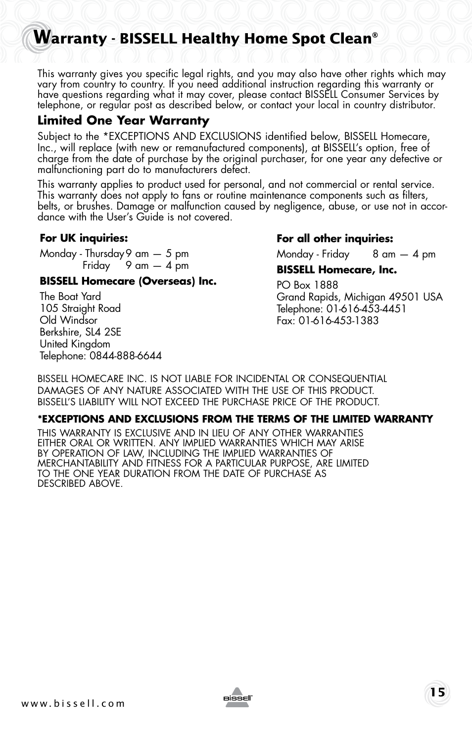 Arranty - bissell healthy home spot clean | Bissell 92T7 User Manual | Page 15 / 16