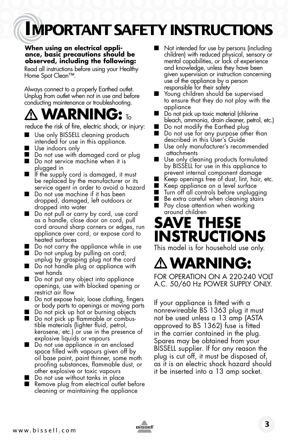 Mportant safety instructions, Warning, Save these instructions | Bissell 92T7 User Manual | Page 3 / 16