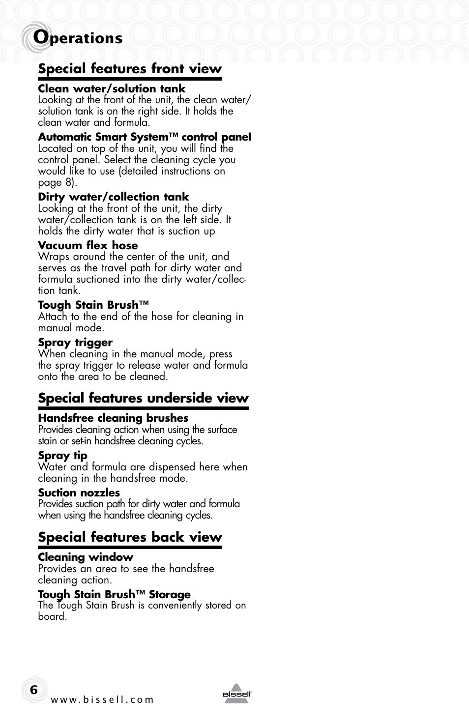 Perations, Special features front view, Special features underside view | Special features back view | Bissell 92T7 User Manual | Page 6 / 16