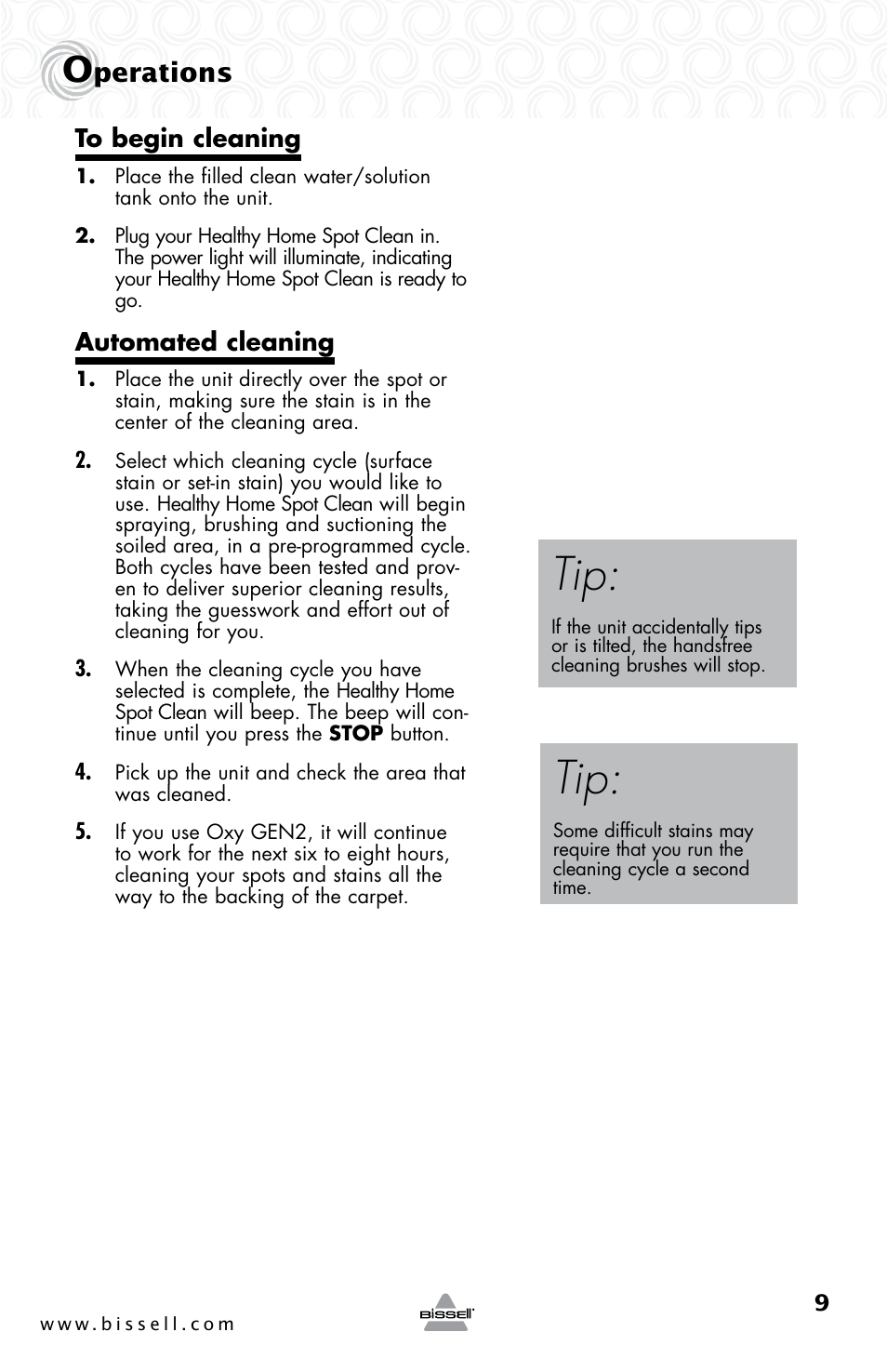 Perations | Bissell 92T7 User Manual | Page 9 / 16