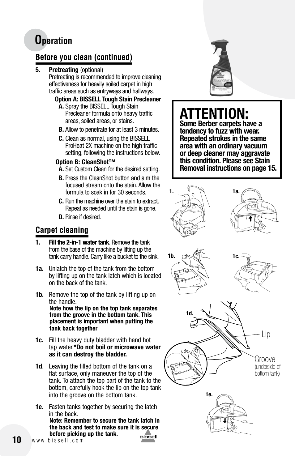Attention, Peration, Lip groove | Before you clean (continued), Carpet cleaning | Bissell 20N4 User Manual | Page 10 / 24