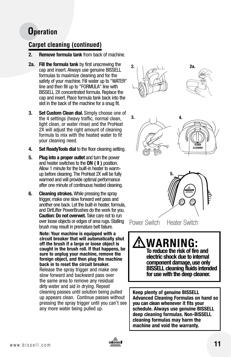 Warning, Peration, Carpet cleaning (continued) | Bissell 20N4 User Manual | Page 11 / 24