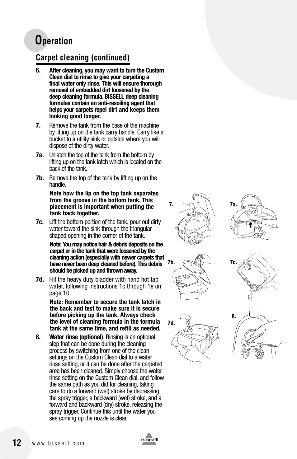 Peration, Carpet cleaning (continued) | Bissell 20N4 User Manual | Page 12 / 24