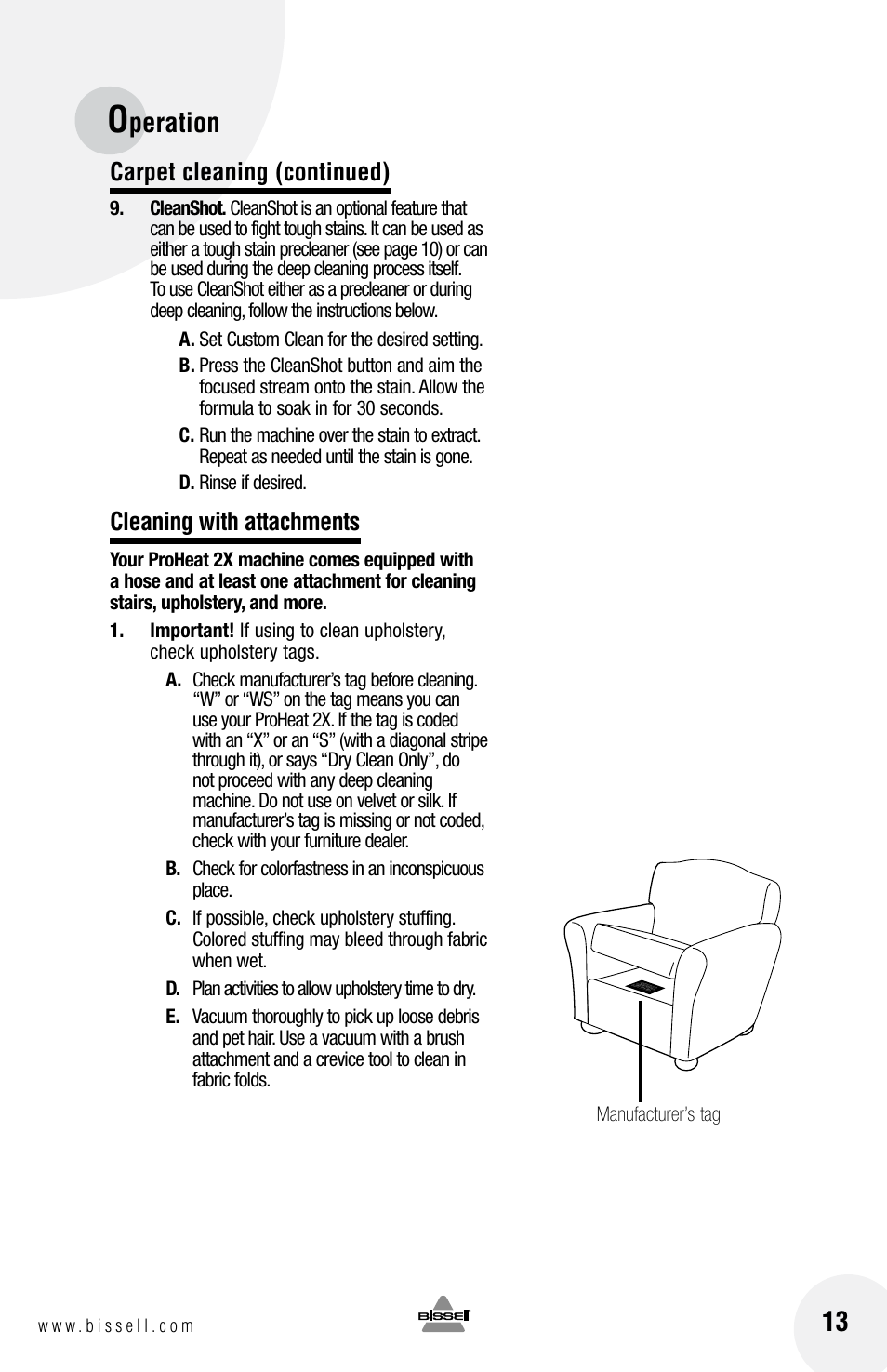 Peration, Carpet cleaning (continued), Cleaning with attachments | Bissell 20N4 User Manual | Page 13 / 24