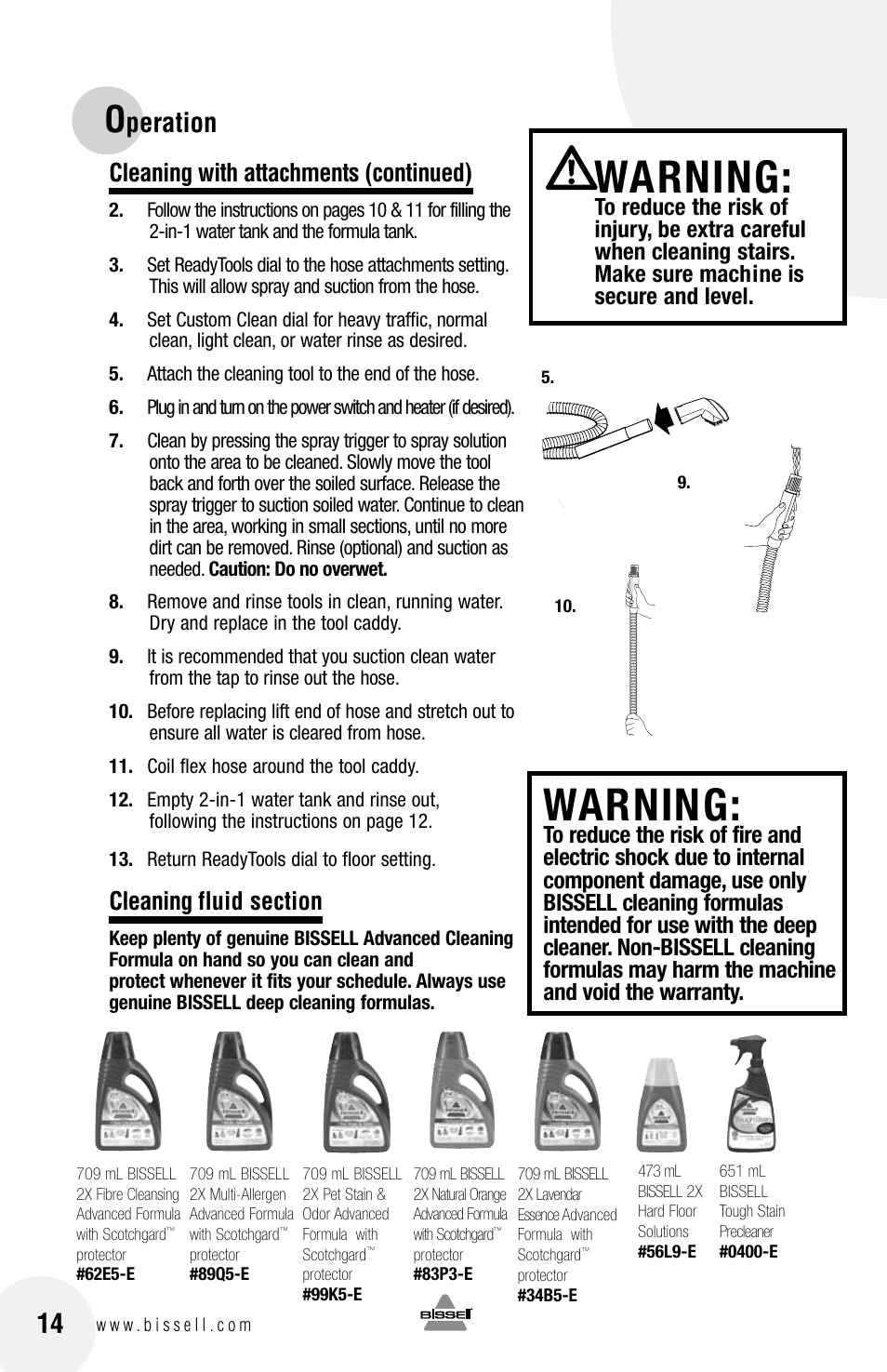 Warning, Peration, Cleaning with attachments (continued) | Bissell 20N4 User Manual | Page 14 / 24