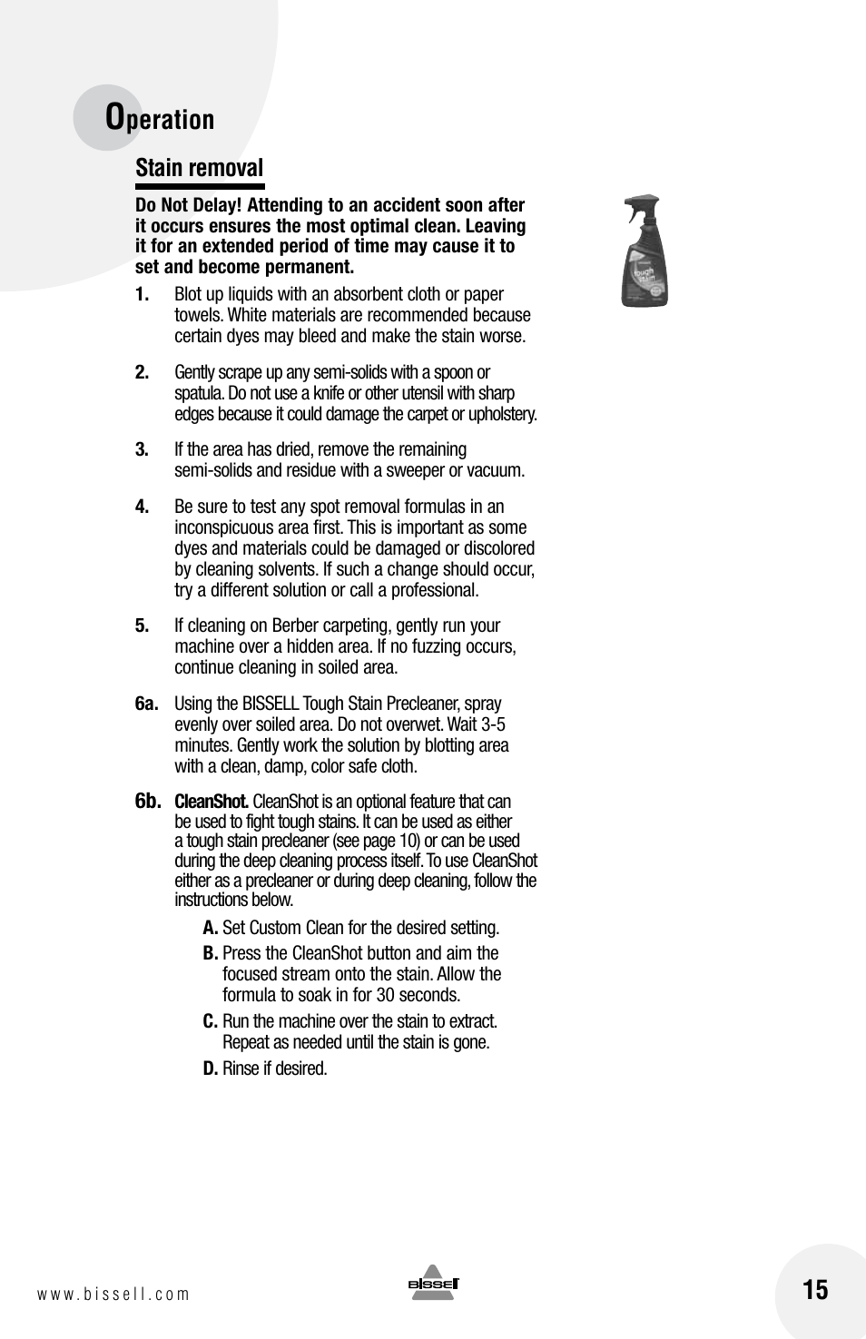 Peration, Stain removal | Bissell 20N4 User Manual | Page 15 / 24