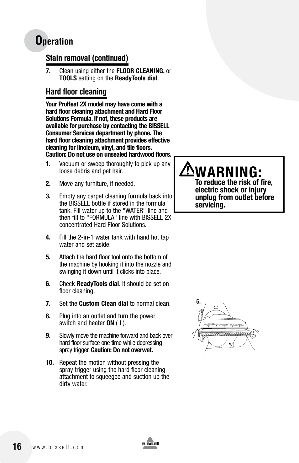 Warning, Peration | Bissell 20N4 User Manual | Page 16 / 24