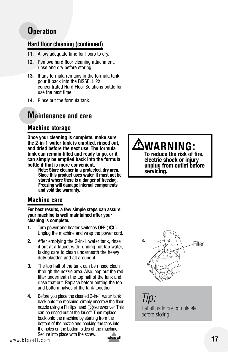 Warning, Aintenance and care 17, Filter | Peration | Bissell 20N4 User Manual | Page 17 / 24