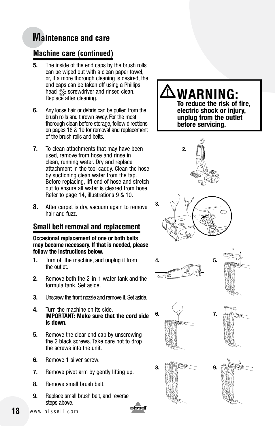 Warning, Aintenance and care, Machine care (continued) | Small belt removal and replacement | Bissell 20N4 User Manual | Page 18 / 24