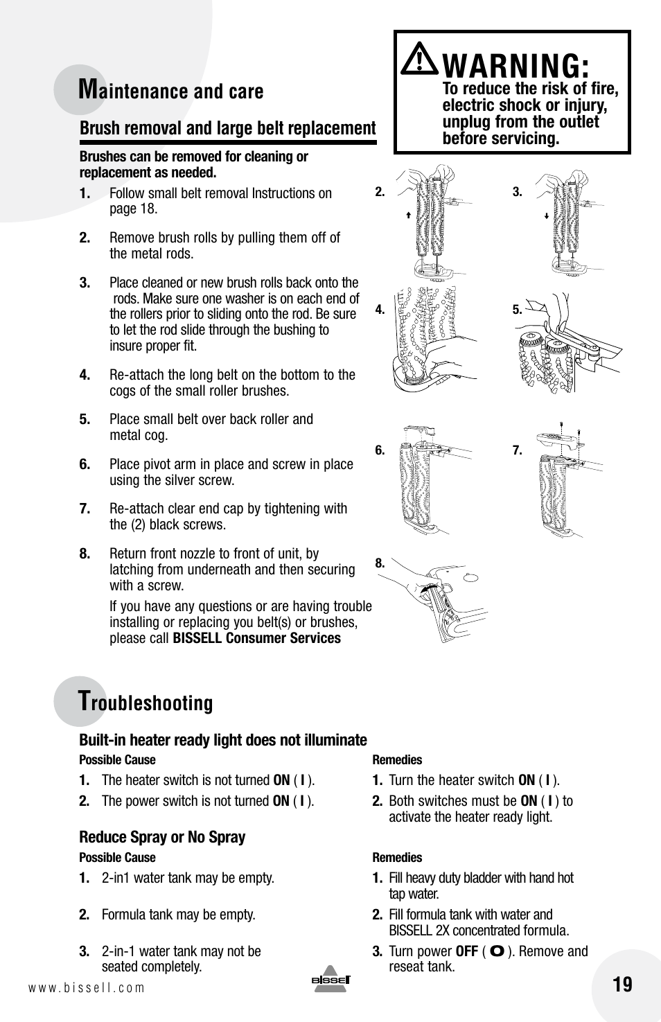 Warning, Aintenance and care, Roubleshooting | Brush removal and large belt replacement | Bissell 20N4 User Manual | Page 19 / 24