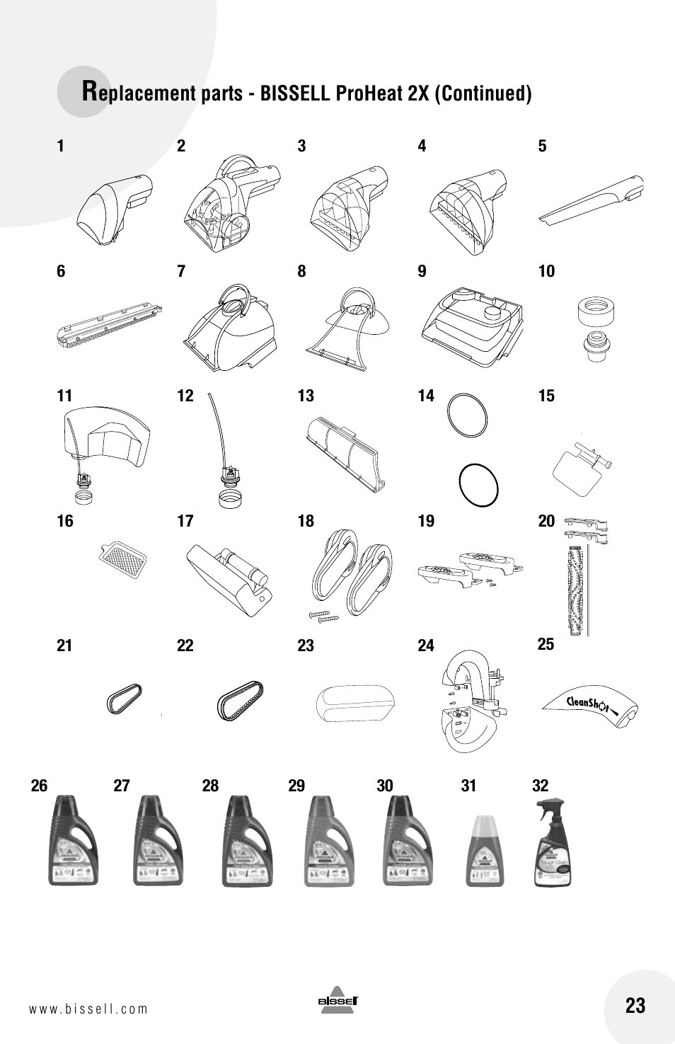 Eplacement parts - bissell proheat 2x (continued) | Bissell 20N4 User Manual | Page 23 / 24