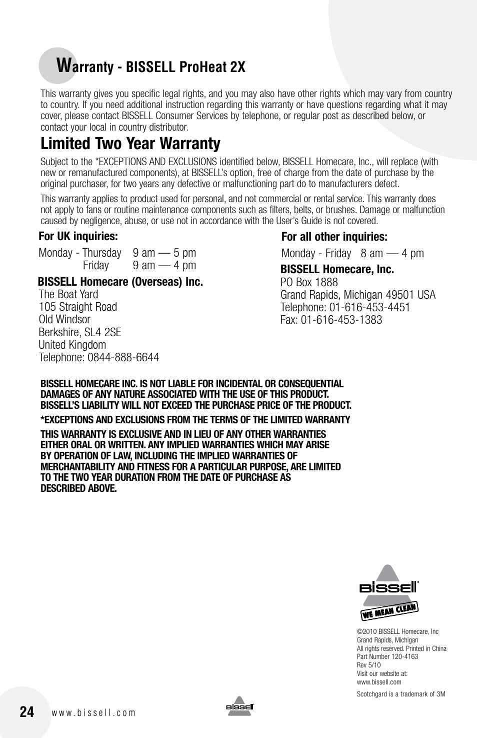 Limited two year warranty, Arranty - bissell proheat 2x | Bissell 20N4 User Manual | Page 24 / 24