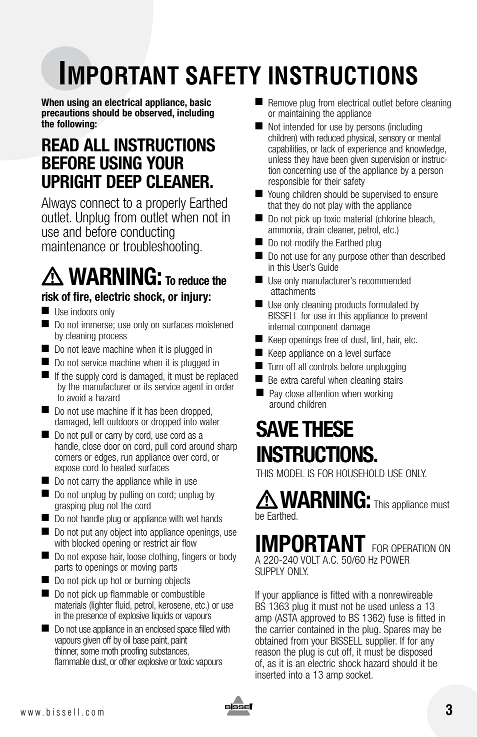 Mportant safety instructions, Warning, Important | Save these instructions | Bissell 20N4 User Manual | Page 3 / 24
