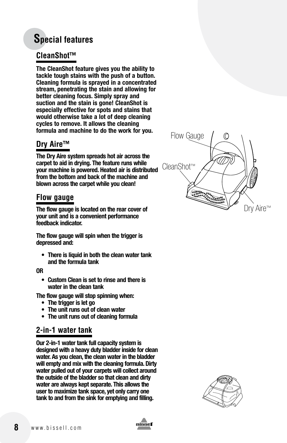 Pecial features cleanshot, Cleanshot, Dry aire | Flow gauge, In-1 water tank | Bissell 20N4 User Manual | Page 8 / 24