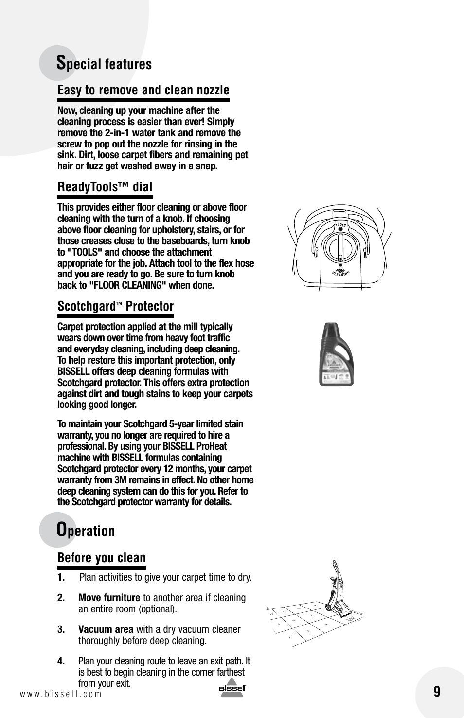 Pecial features, Peration, Easy to remove and clean nozzle | Readytools™ dial, Scotchgard, Protector, Before you clean | Bissell 20N4 User Manual | Page 9 / 24