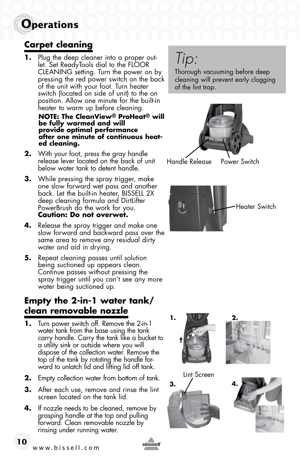 Perations, Carpet cleaning | Bissell 53U6E User Manual | Page 10 / 20