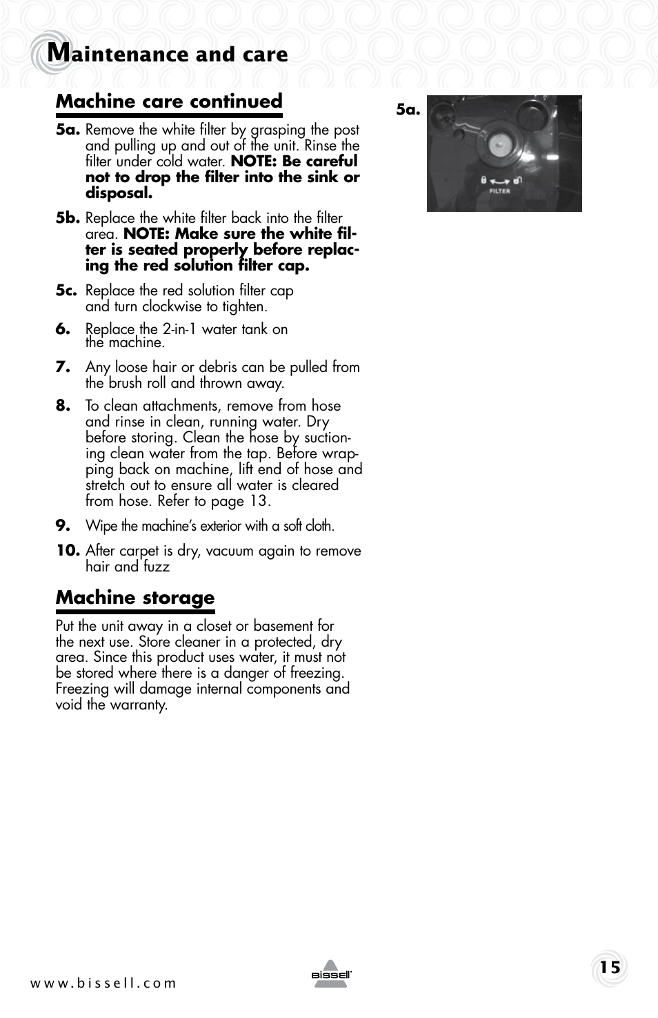 Aintenance and care, Machine care continued, Machine storage | Bissell 53U6E User Manual | Page 15 / 20