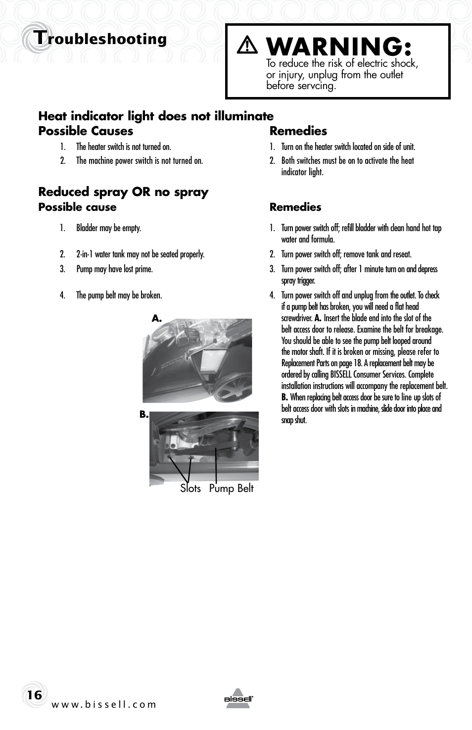Warning, Roubleshooting | Bissell 53U6E User Manual | Page 16 / 20