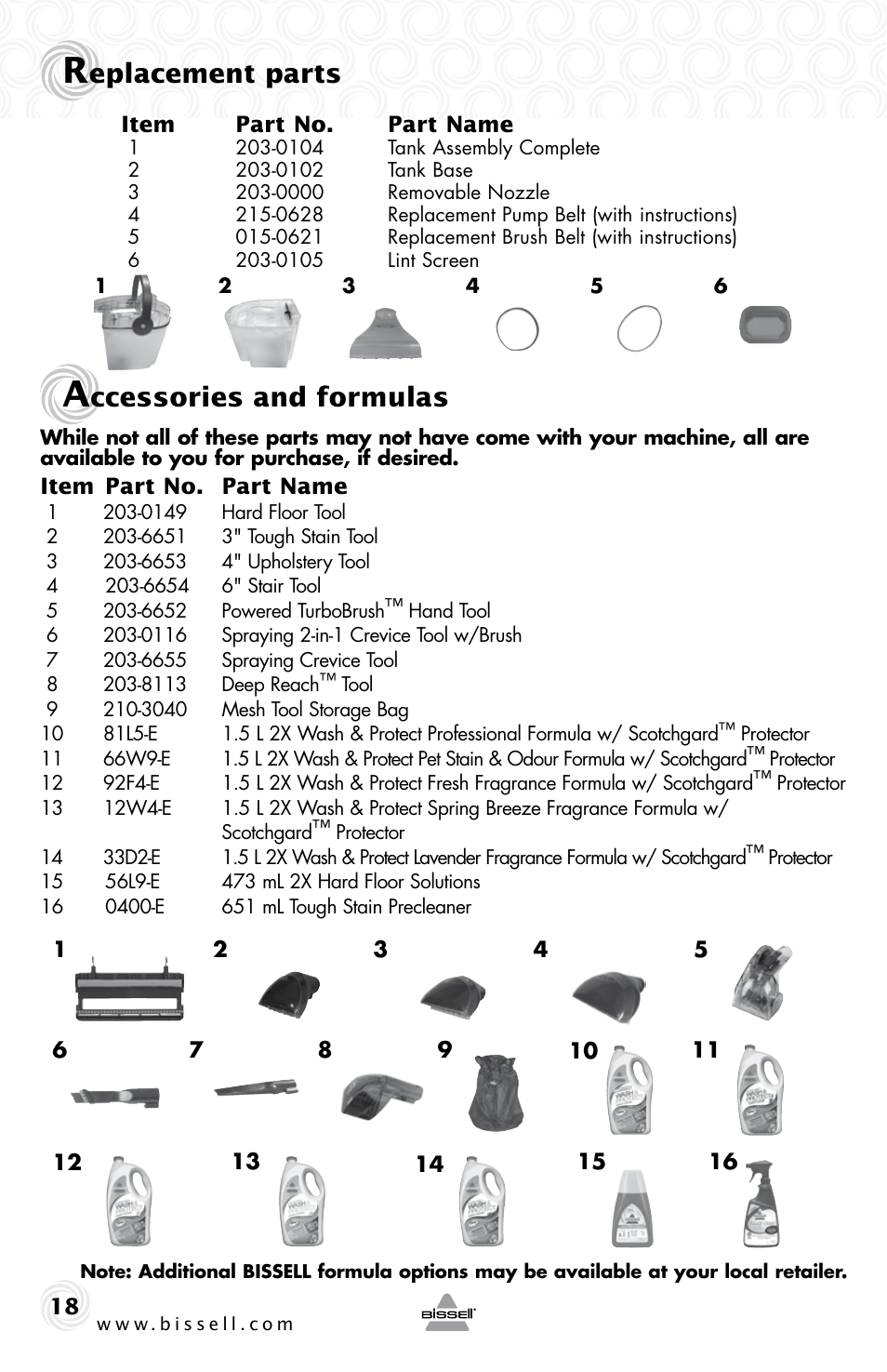 Eplacement parts, Ccessories and formulas | Bissell 53U6E User Manual | Page 18 / 20