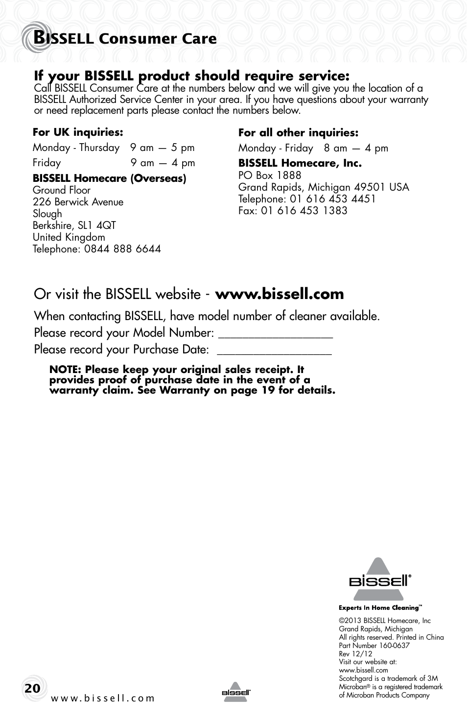 Issell consumer care, If your bissell product should require service | Bissell 53U6E User Manual | Page 20 / 20