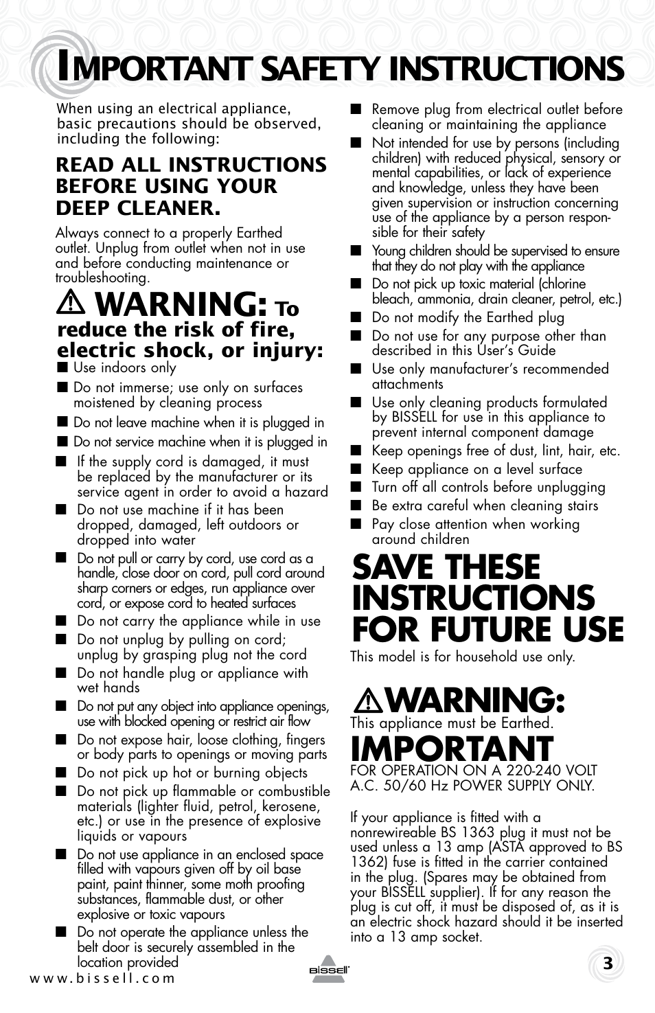 Mportant safety instructions, Warning, Save these instructions for future use | Important | Bissell 53U6E User Manual | Page 3 / 20