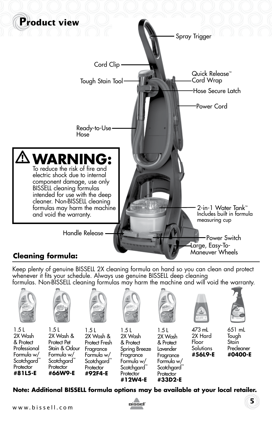 Warning, Roduct view, Cleaning formula | Bissell 53U6E User Manual | Page 5 / 20