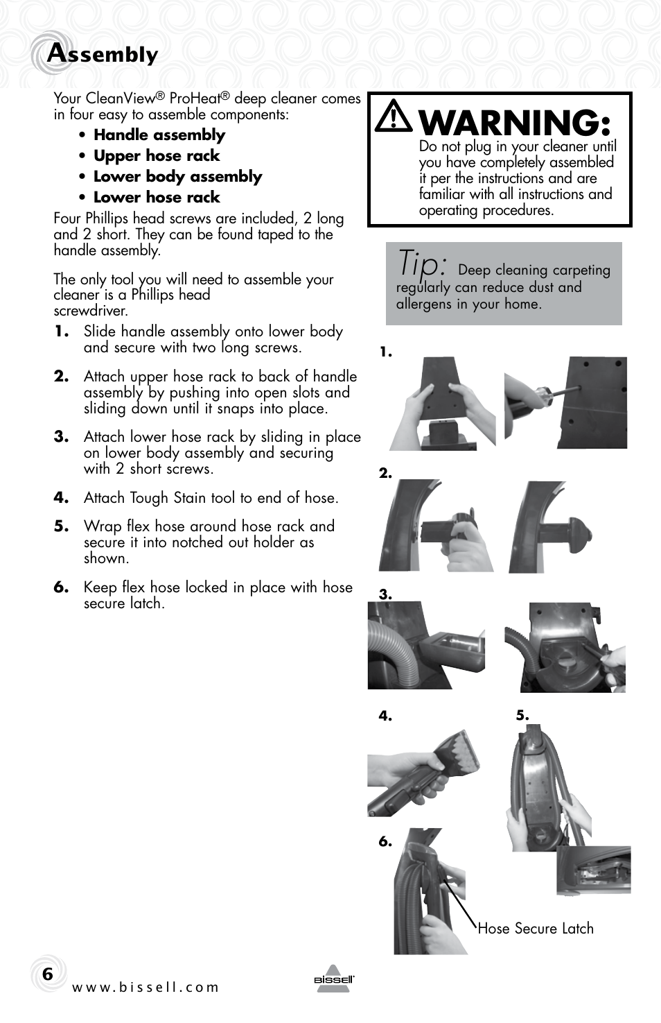 Warning, Ssembly | Bissell 53U6E User Manual | Page 6 / 20