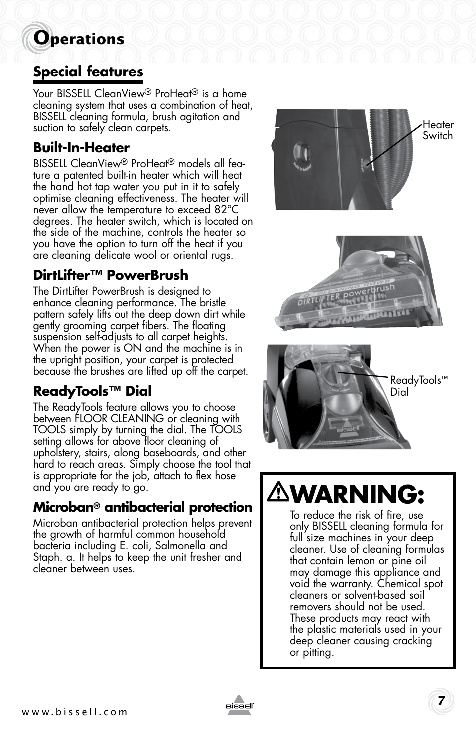 Warning, Perations, Special features | Built-in-heater, Dirtlifter™ powerbrush, Readytools™ dial, Microban, Antibacterial protection | Bissell 53U6E User Manual | Page 7 / 20