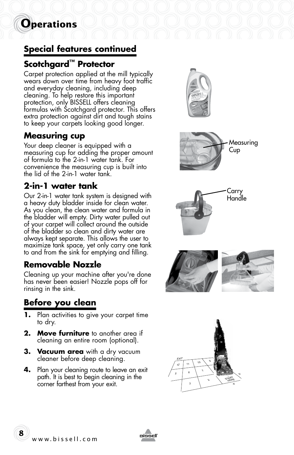 Perations, Special features continued scotchgard, Protector | Measuring cup, In-1 water tank, Removable nozzle, Before you clean | Bissell 53U6E User Manual | Page 8 / 20