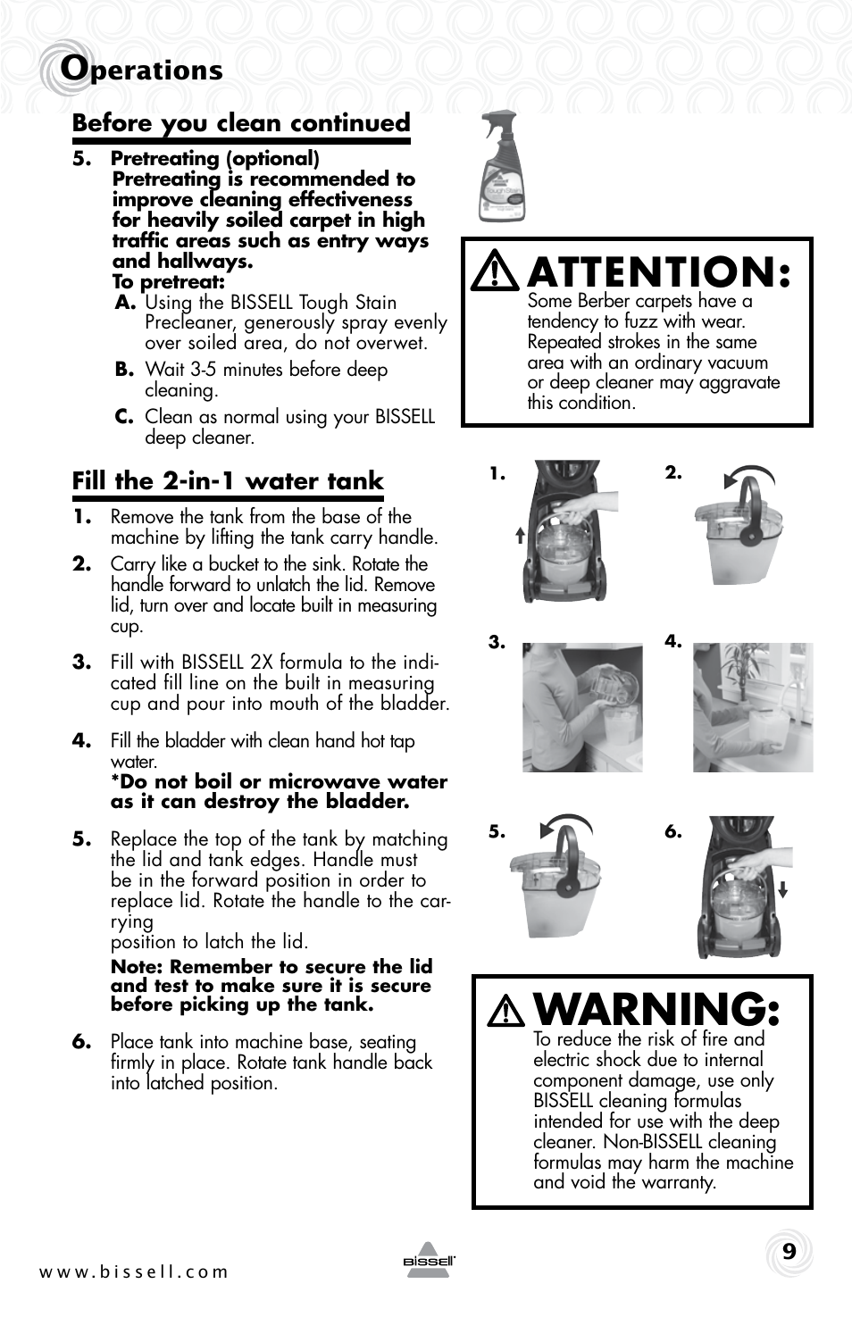 Warning, Attention, Perations | Before you clean continued, Fill the 2-in-1 water tank | Bissell 53U6E User Manual | Page 9 / 20