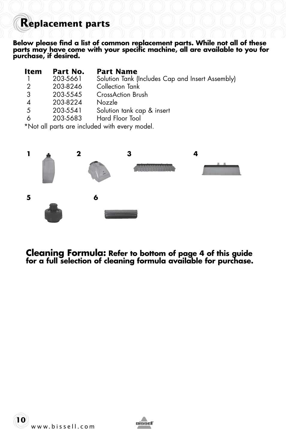 Eplacement parts, Cleaning formula | Bissell 48W4 User Manual | Page 10 / 12
