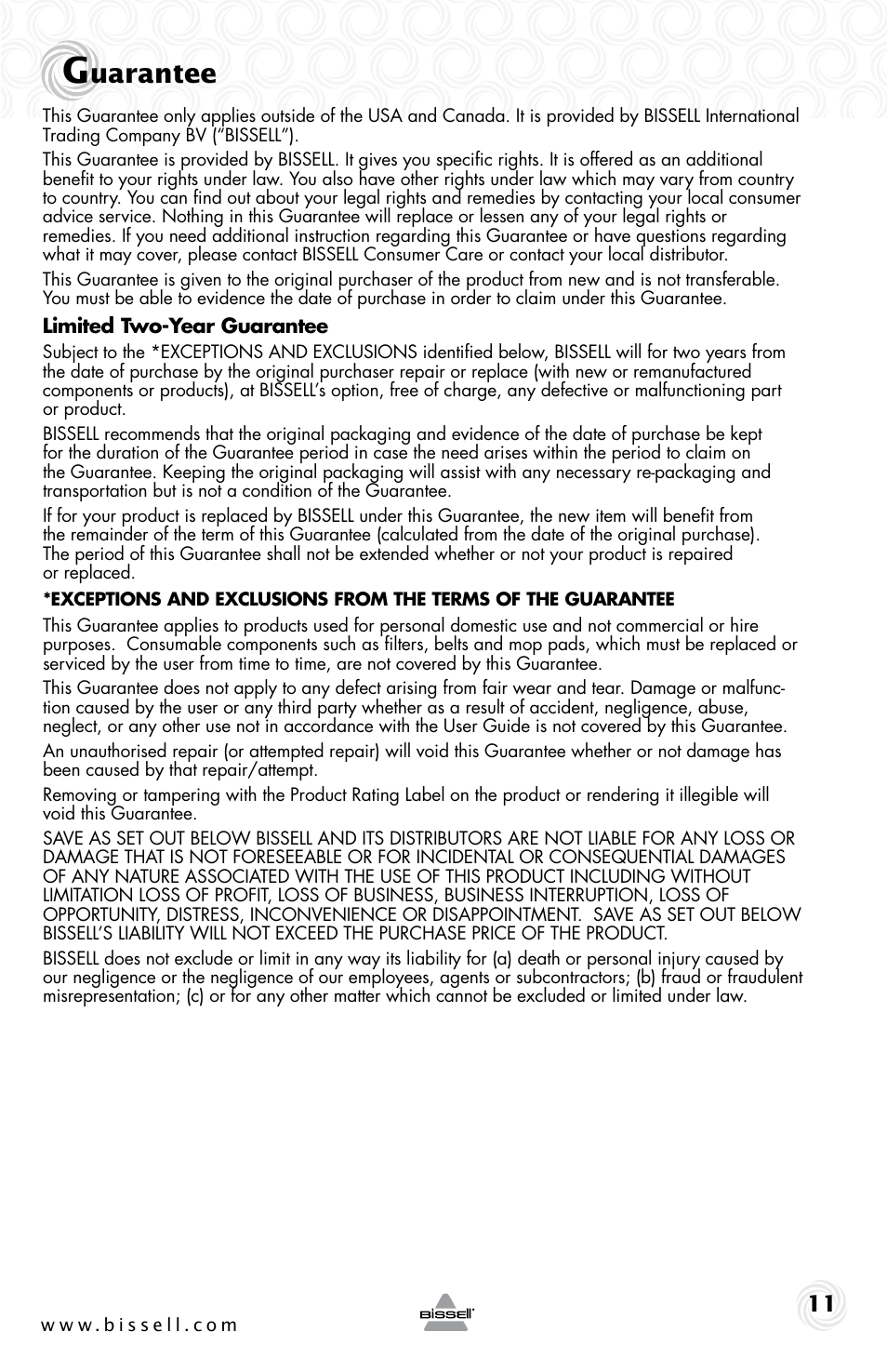 Uarantee | Bissell 48W4 User Manual | Page 11 / 12