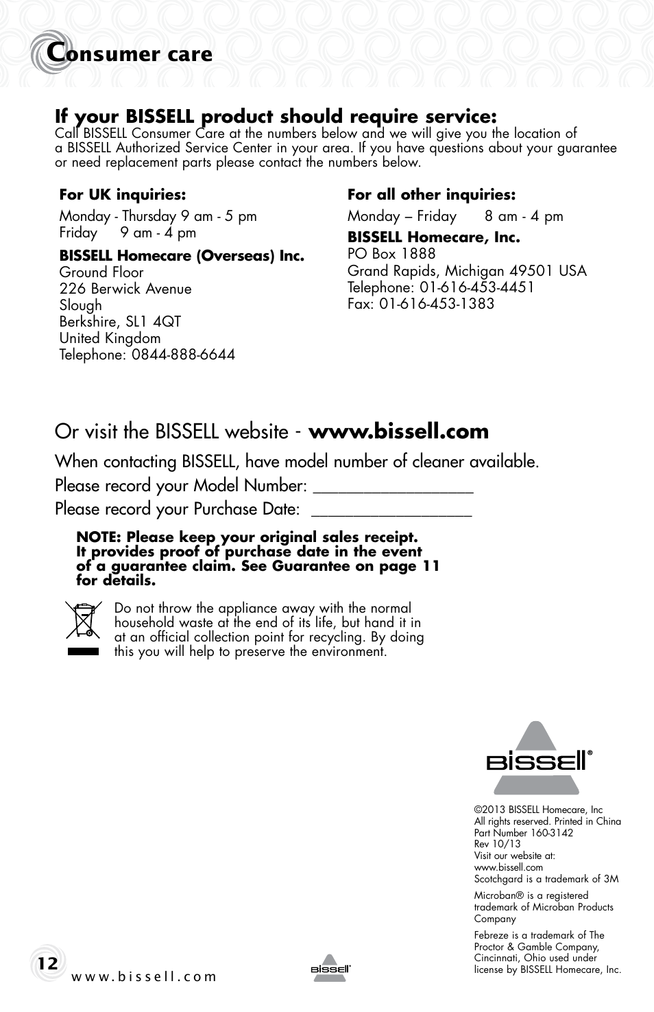 Onsumer care, If your bissell product should require service | Bissell 48W4 User Manual | Page 12 / 12