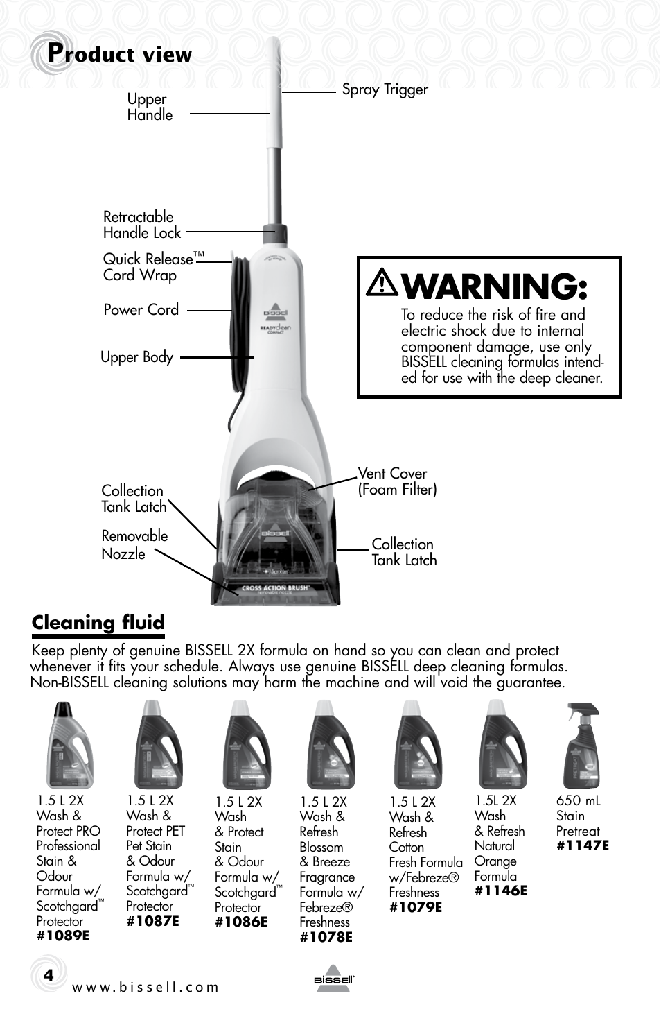 Warning, Roduct view, Cleaning fluid | Bissell 48W4 User Manual | Page 4 / 12