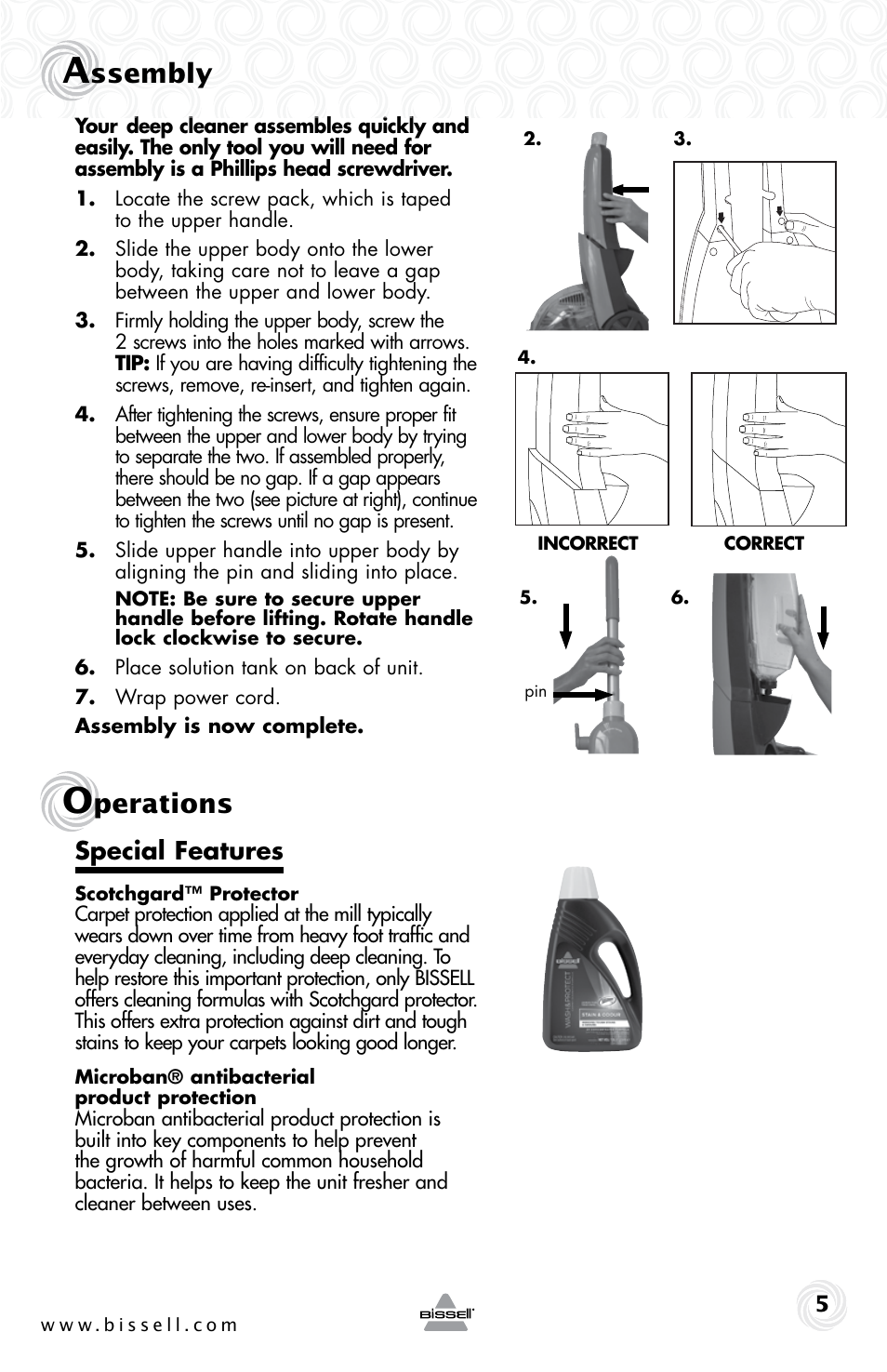 Ssembly, Perations, Special features | Bissell 48W4 User Manual | Page 5 / 12