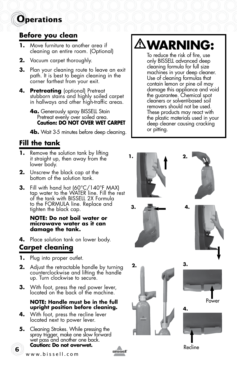 Warning, Perations, Before you clean | Fill the tank, Carpet cleaning | Bissell 48W4 User Manual | Page 6 / 12