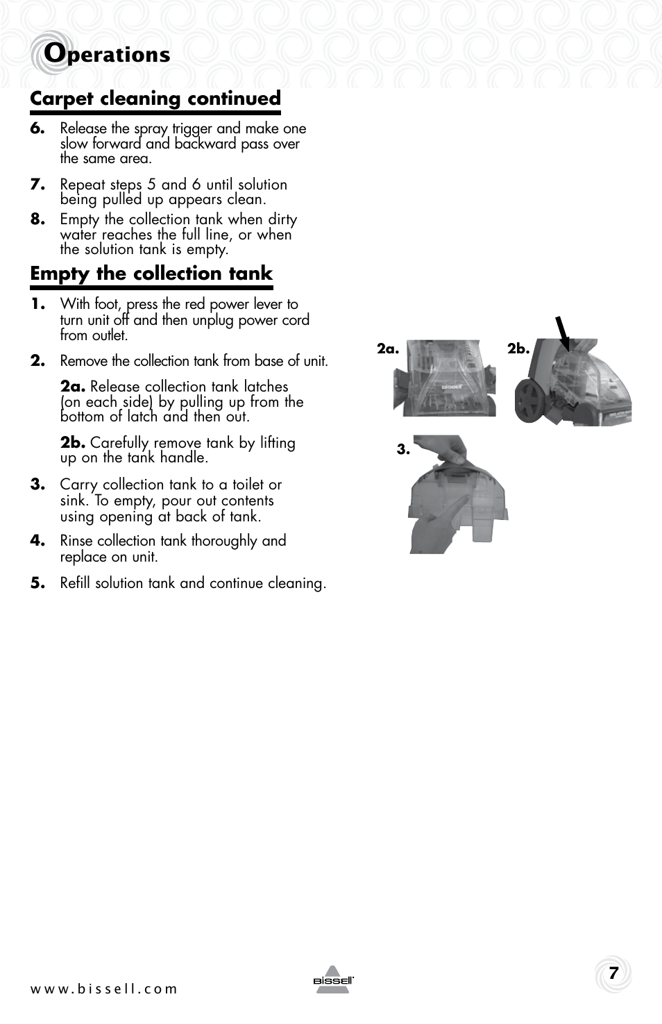 Perations, Carpet cleaning continued, Empty the collection tank | Bissell 48W4 User Manual | Page 7 / 12