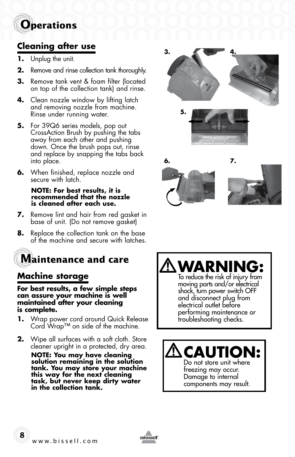 Caution, Warning, Perations | Aintenance and care | Bissell 48W4 User Manual | Page 8 / 12