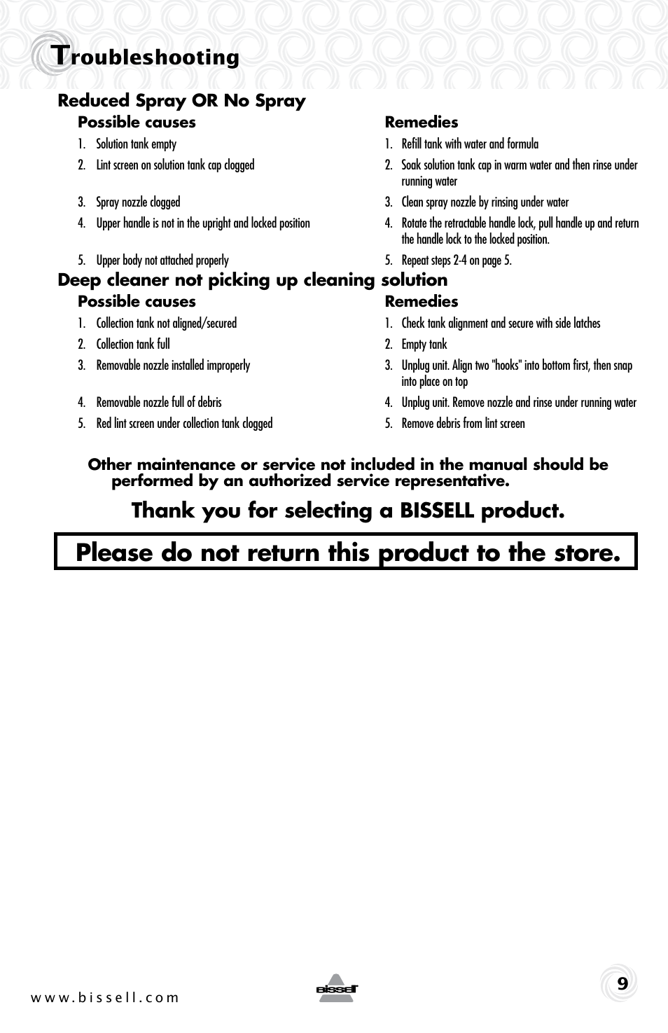 Please do not return this product to the store, Roubleshooting | Bissell 48W4 User Manual | Page 9 / 12