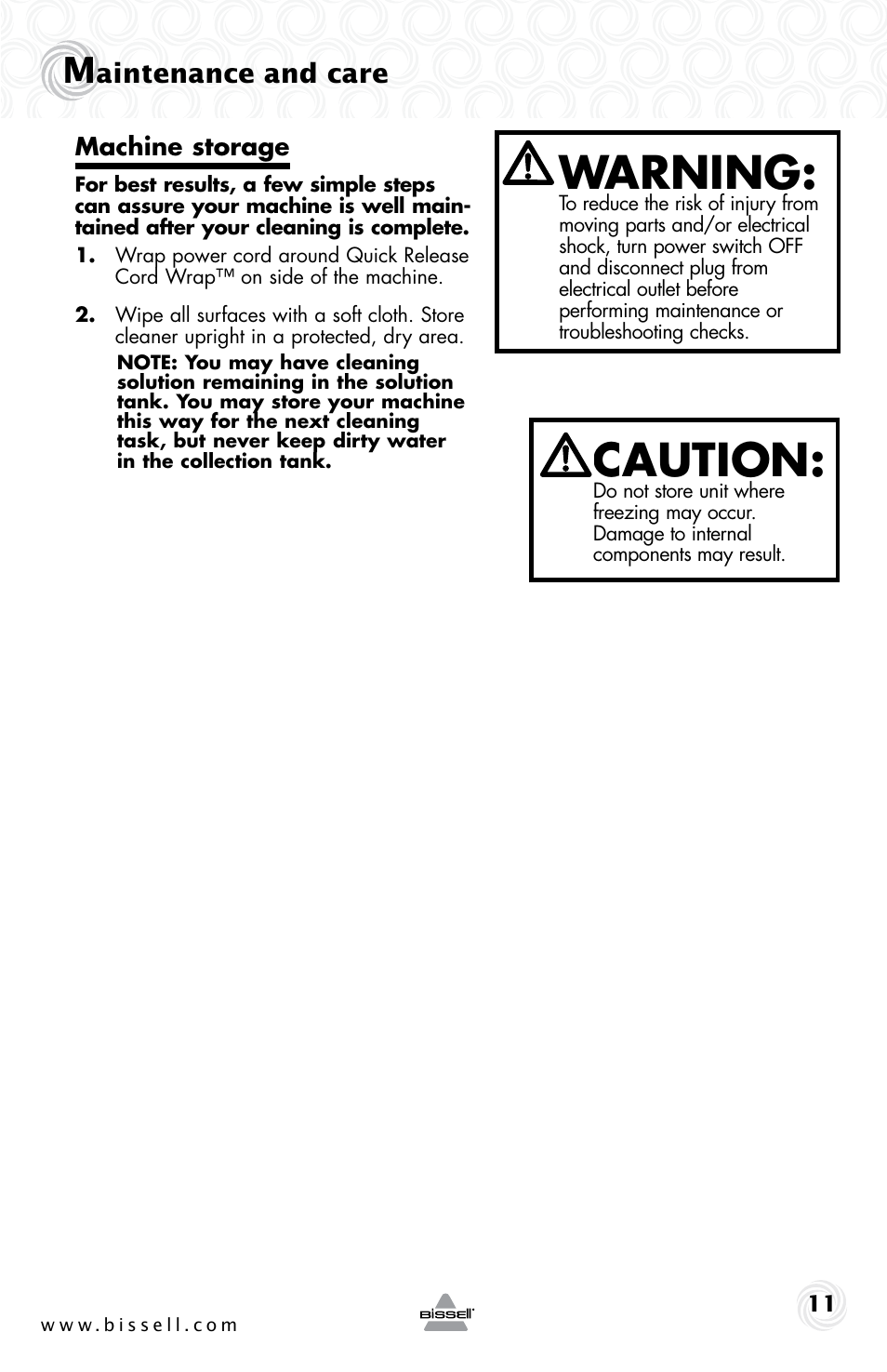 Caution, Warning, Aintenance and care | Bissell 53W1 User Manual | Page 11 / 16