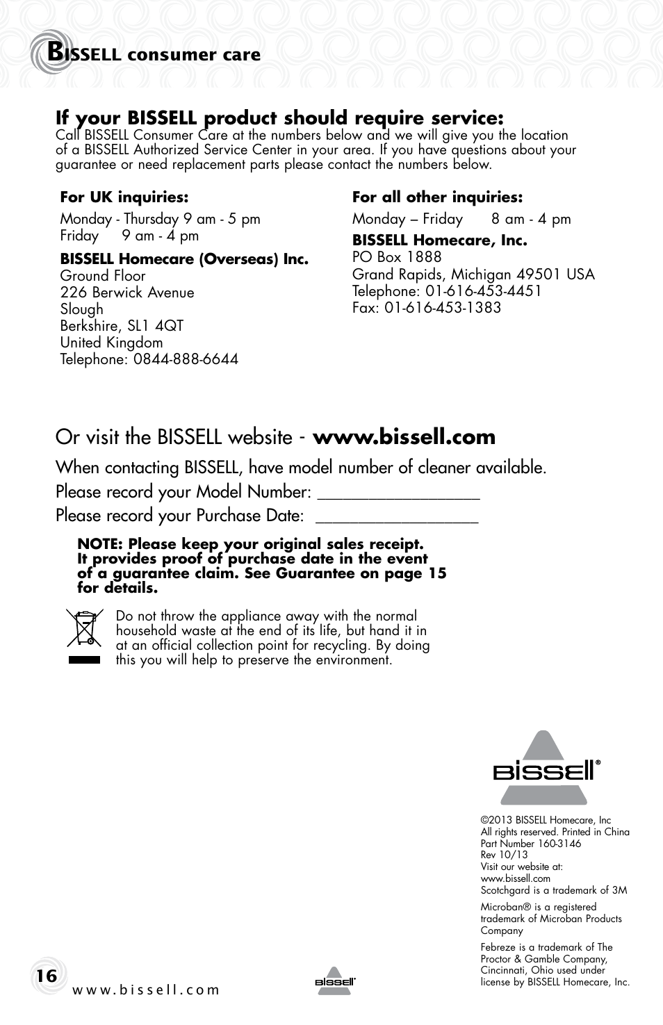 If your bissell product should require service, Issell consumer care | Bissell 53W1 User Manual | Page 16 / 16