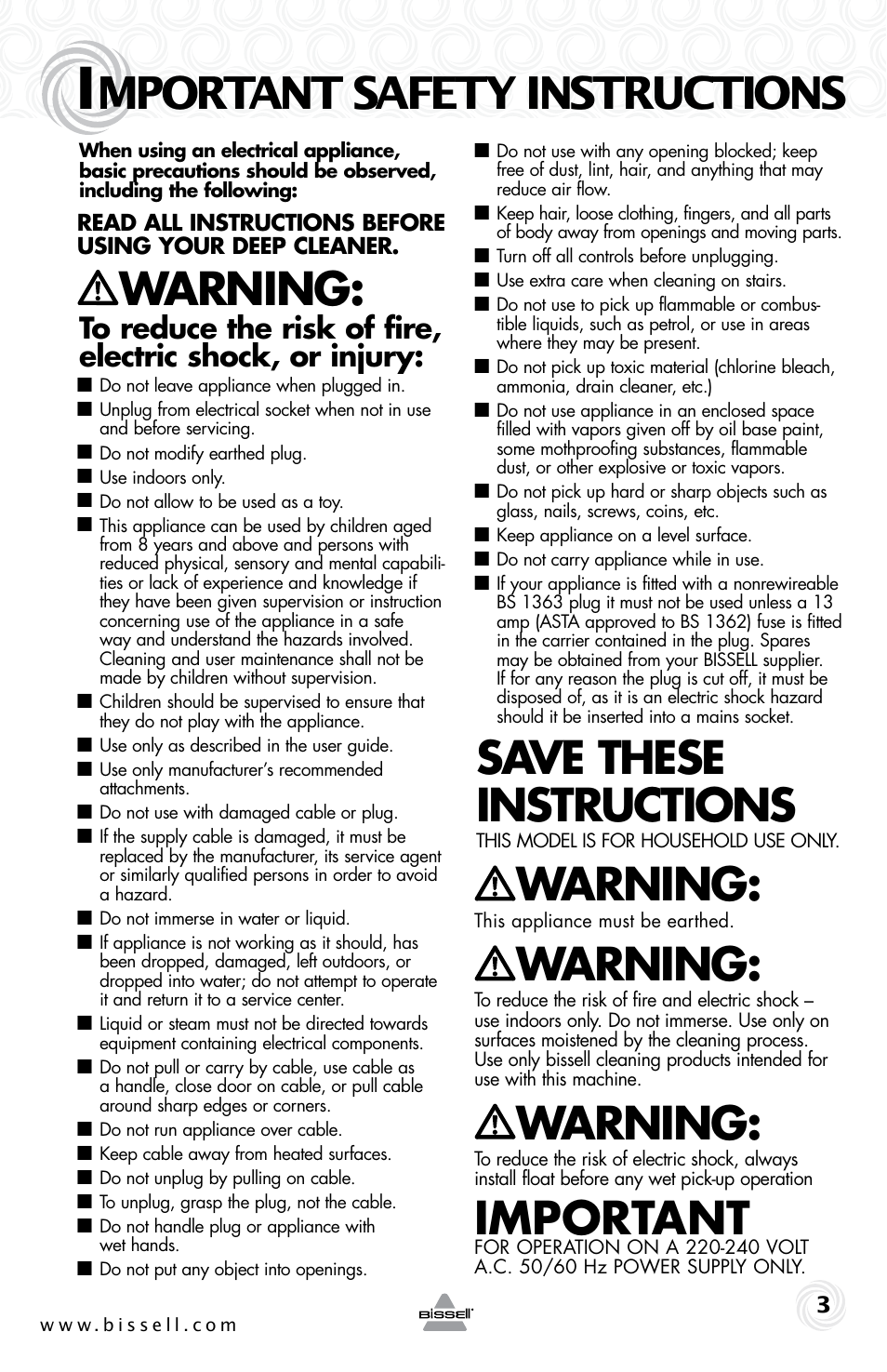 Mportant safety instructions, Warning, Save these instructions | Important | Bissell 53W1 User Manual | Page 3 / 16