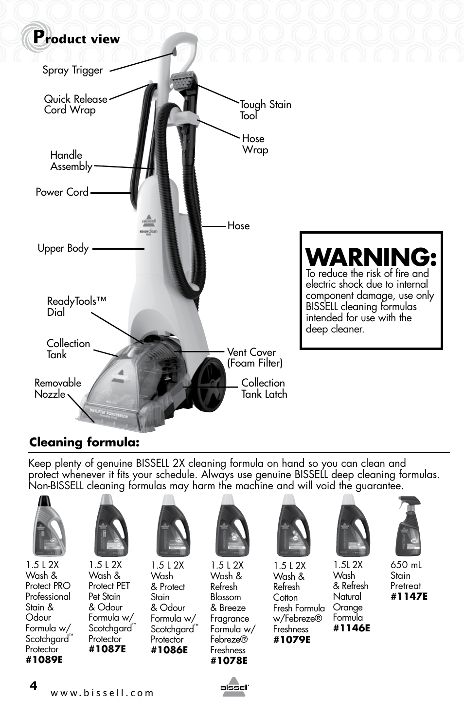 Warning, Roduct view, Cleaning formula | Bissell 53W1 User Manual | Page 4 / 16